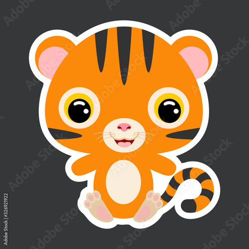 Fototapeta Naklejka Na Ścianę i Meble -  Children's sticker of cute little sitting tiger. Jungle animal. Flat vector stock illustration
