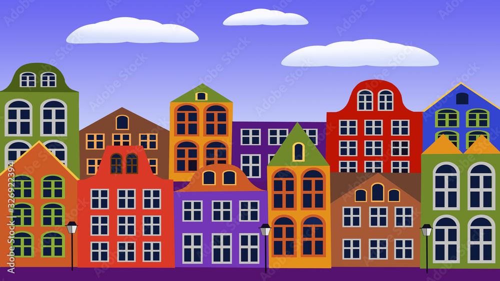 Background - colored cities of Europe. In Amsterdam and other Dutch cities many beautiful colorful houses.