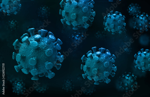 Coronavirus disease COVID-19 infection 3D medical illustration. Floating China pathogen respiratory influenza covid virus cells. Dangerous asian ncov corona virus, dna, pandemic risk background design © jewelry-studio