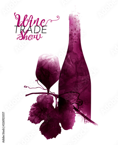 illustration of still life with bottle and glass of wine and vine leaf. Artistic illustration with red wine stains.