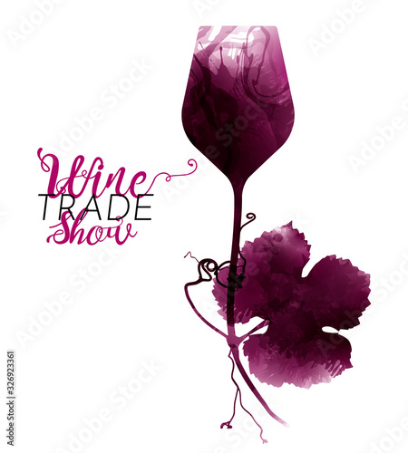 illustration of wine glass and vine leaf with tendrils Artistic illustration with red wine stains.