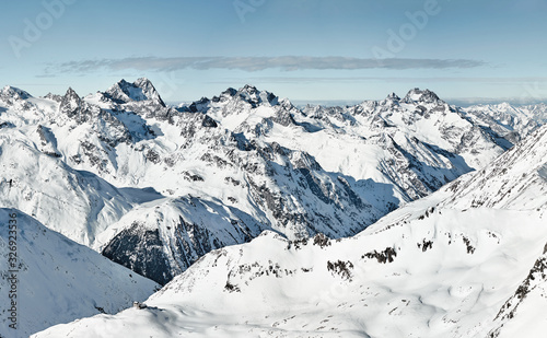 Winter alpine panorama of snow covered mountains in Tyrol Soelden