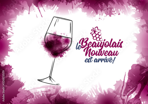 Illustration of a hand-drawn wine glass with red wine stains. French text "le Beaujolais Nouveau est arrivé", the new Beaujolais has arrived.
