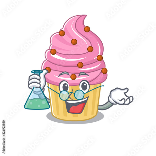 Cool strawberry cupcake Professor cartoon character with glass tube