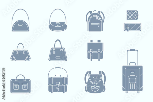 Handbag Icons set - Vector silhouettes of bag, backpack, purse, clutch, luggage, suitcase for the site or interface