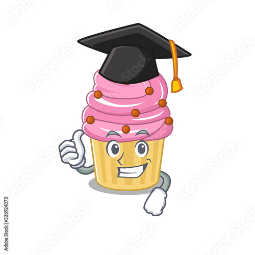 happy and proud of strawberry cupcake wearing a black Graduation hat