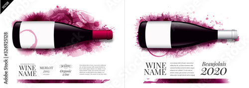 Idea design for catalog or magazine for wine bottles. Wine stains background.