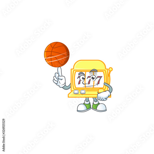a strong golden slot machine cartoon character with a basketball