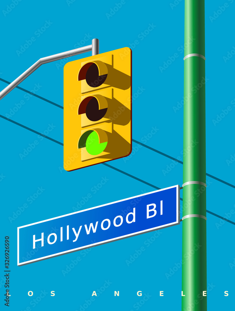 Hollywood street sign on the green pillar. A classic yellow traffic light with a green light signal. Realistic vector illustration. USA
