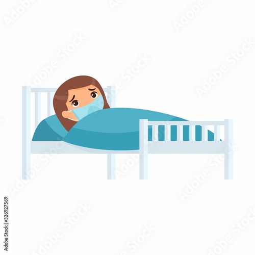 Sick  girl with medical mask in hospital bed flat vector illustration. Child with virus disease  cartoon character.  Kid with cold. Patient relaxing under blanket isolated on white background