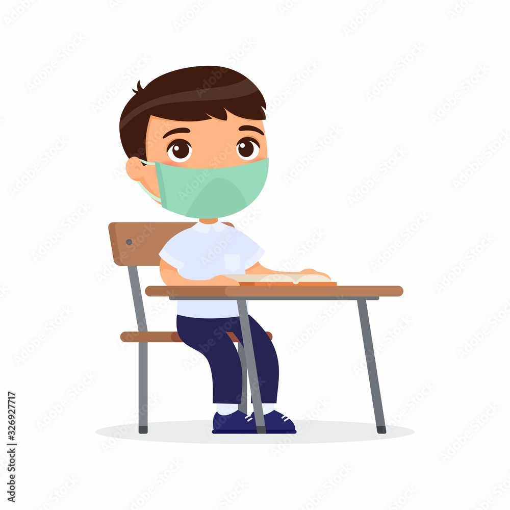 Pupil at lesson with protective mask on his face flat vector illustrations set. Schoolboy is sitting in a school class at her desk. Virus protection concept. Vector illustration on a white background. Pupil at lesson with protective mask on his face flat vector illustrations set. Schoolboy is sitting in a school class at her desk. Virus protection concept. Vector illustration on a white background.