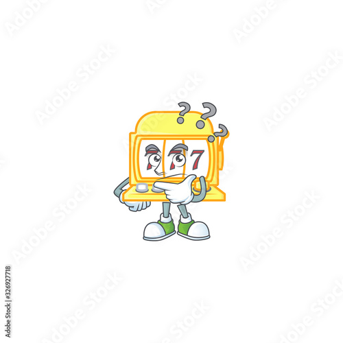Golden slot machine cartoon mascot style in a confuse gesture