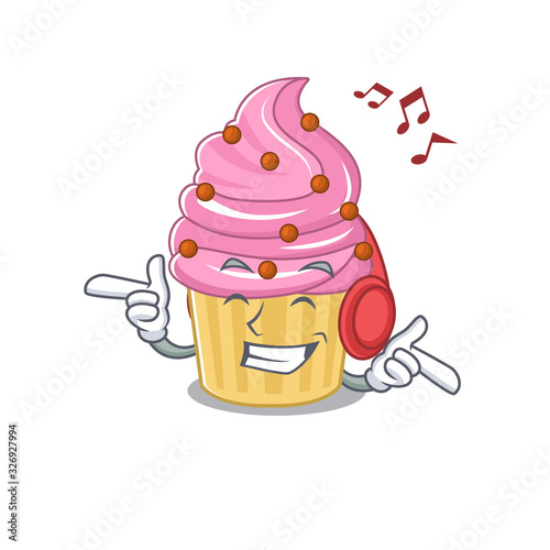 Listening music strawberry cupcake cartoon character concept