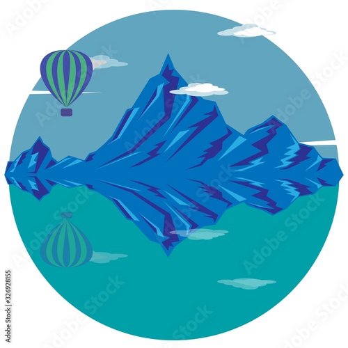 Balloon over blue mountains and lake