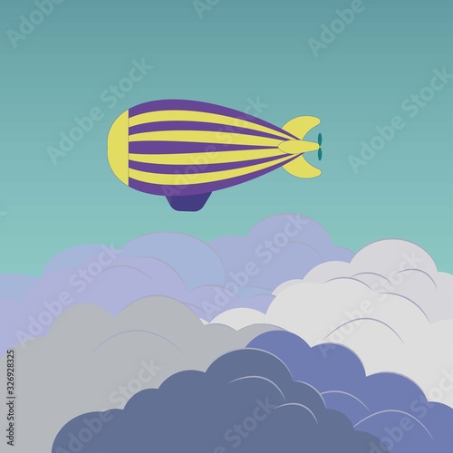 Airship over fluffy clouds on a background on the night sky. Vector yellow and violet dirigible balloon and clouds photo