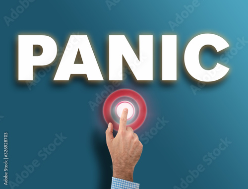 male hand pushing red glowing panic button, hysteria or danger reaction concept