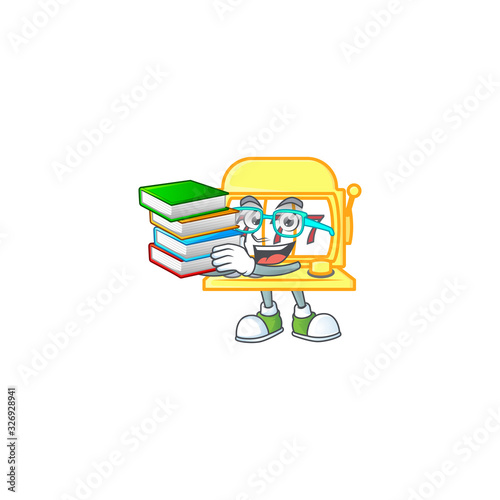 A brainy clever cartoon character of golden slot machine studying with some books