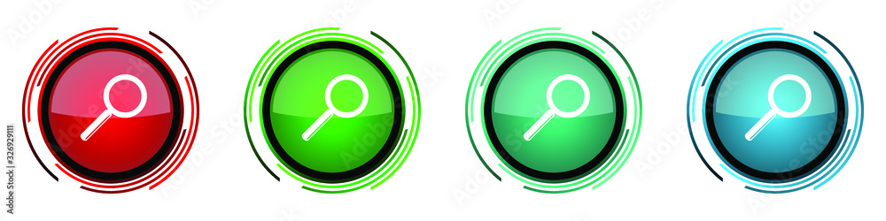 Search round glossy vector icons, set of buttons for webdesign, internet and mobile phone applications in four colors options isolated on white background Search round glossy vector icons, set of buttons for webdesign, internet and mobile phone applications in four colors options isolated on white background