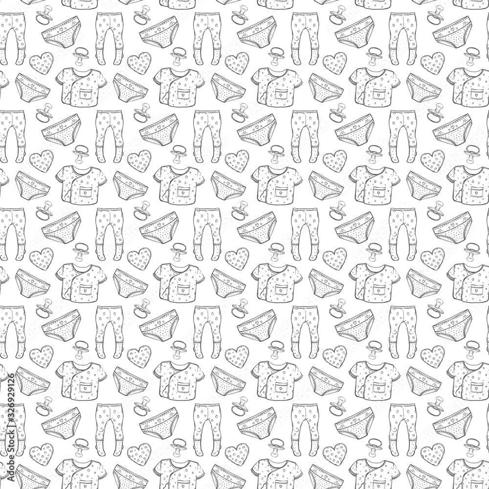 Seamless pattern with newborn clothes. Black and white linear sketch of a plowed shirt, pantyhose, panties, nipples and hearts on a white background for the design of packaging, textiles, postcards