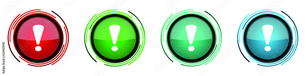 Exclamation sign round glossy vector icons, set of buttons for webdesign, internet and mobile phone applications in four colors options isolated on white background Exclamation sign round glossy vector icons, set of buttons for webdesign, internet and mobile phone applications in four colors options isolated on white background