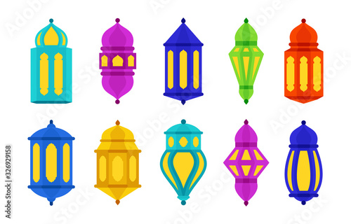 Colorful Islamic Arabic Lantern Symbol Icon Collection Set Isolated photo