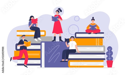 Cute people studying and reading on giant books. Vector Illustration in modern flat style can be used by libraries, book fairs, stores and schools.
