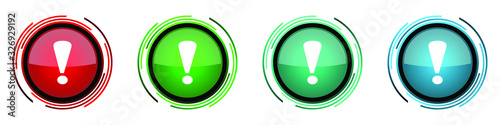 Exclamation sign round glossy vector icons, set of buttons for webdesign, internet and mobile phone applications in four colors options isolated on white background