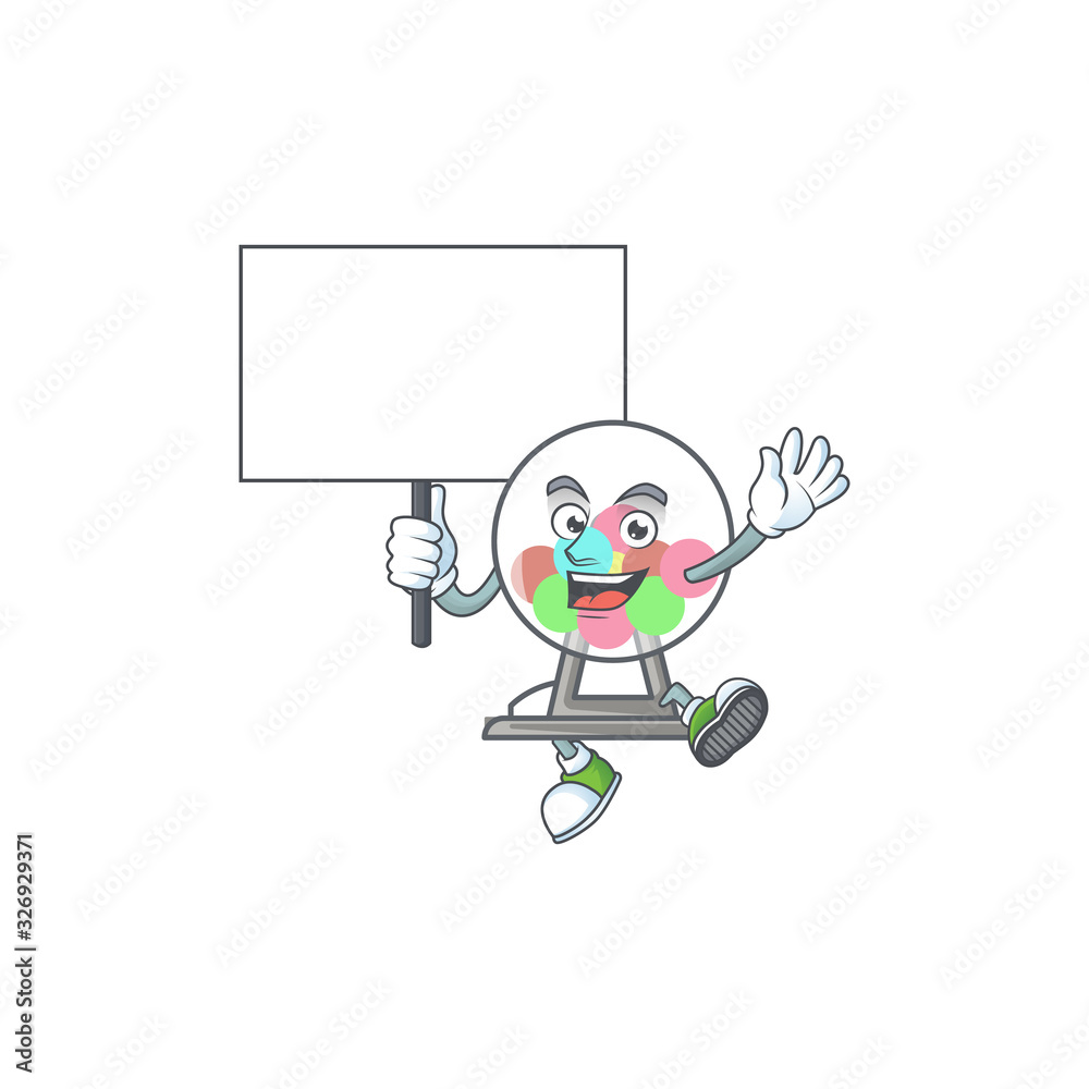 A picture of lottery machine ball cartoon character with board