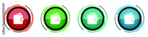 Purse, wallet round glossy vector icons, set of buttons for webdesign, internet and mobile phone applications in four colors options isolated on white background