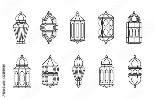Line Islamic Arabic Lantern Symbol Icon Collection Set Isolated