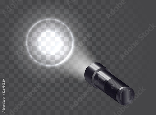 Pocket realistic flashlight illuminates the wall. Vector illustration. photo