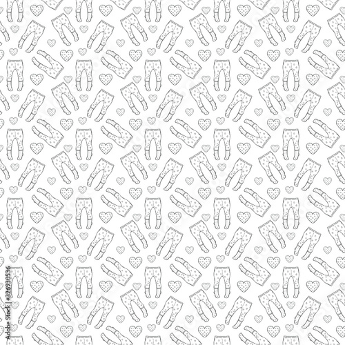 Seamless pattern with clothes for the newborn. Black and white linear sketch of pantyhose for girls and hearts on a white background for the design of packaging, textiles, cards