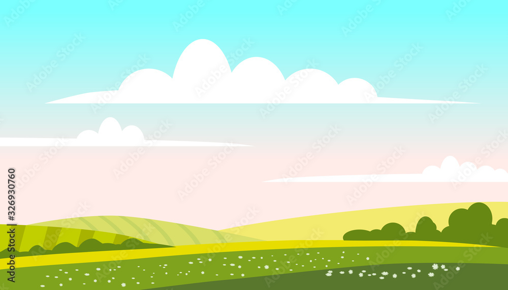 Fototapeta premium Rural landscape green hills fields, nature, bright color blue sky. Countryside scenery panorama agriculture, farming, country