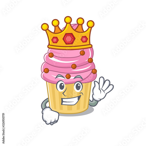 A cartoon mascot design of Strawberry cupcake performed as a King on the stage