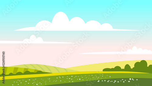 Plakat Rural landscape green hills fields, nature, bright color blue sky. Countryside scenery panorama agriculture, farming, country