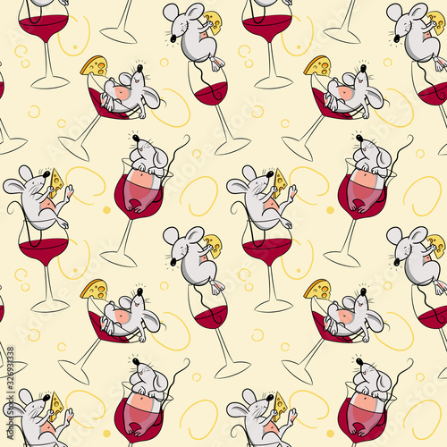 Seamless pattern with different mice in glasses and cheese