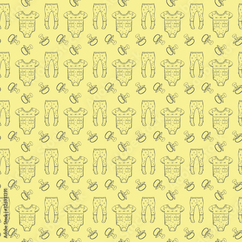 Seamless pattern with clothes and different things for newborns. Black and white linear sketch of body, tights, nipples on a yellow background for the design of packaging, textiles, postcards