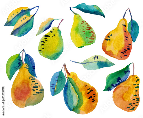 Fototapeta Watercolor set of crazy funny pears with leaves isolated on white. Summer cool fruits in contrast colors green- yellow. Modern illustration. Design for vegeterian goods, covers, textile, packaging. 