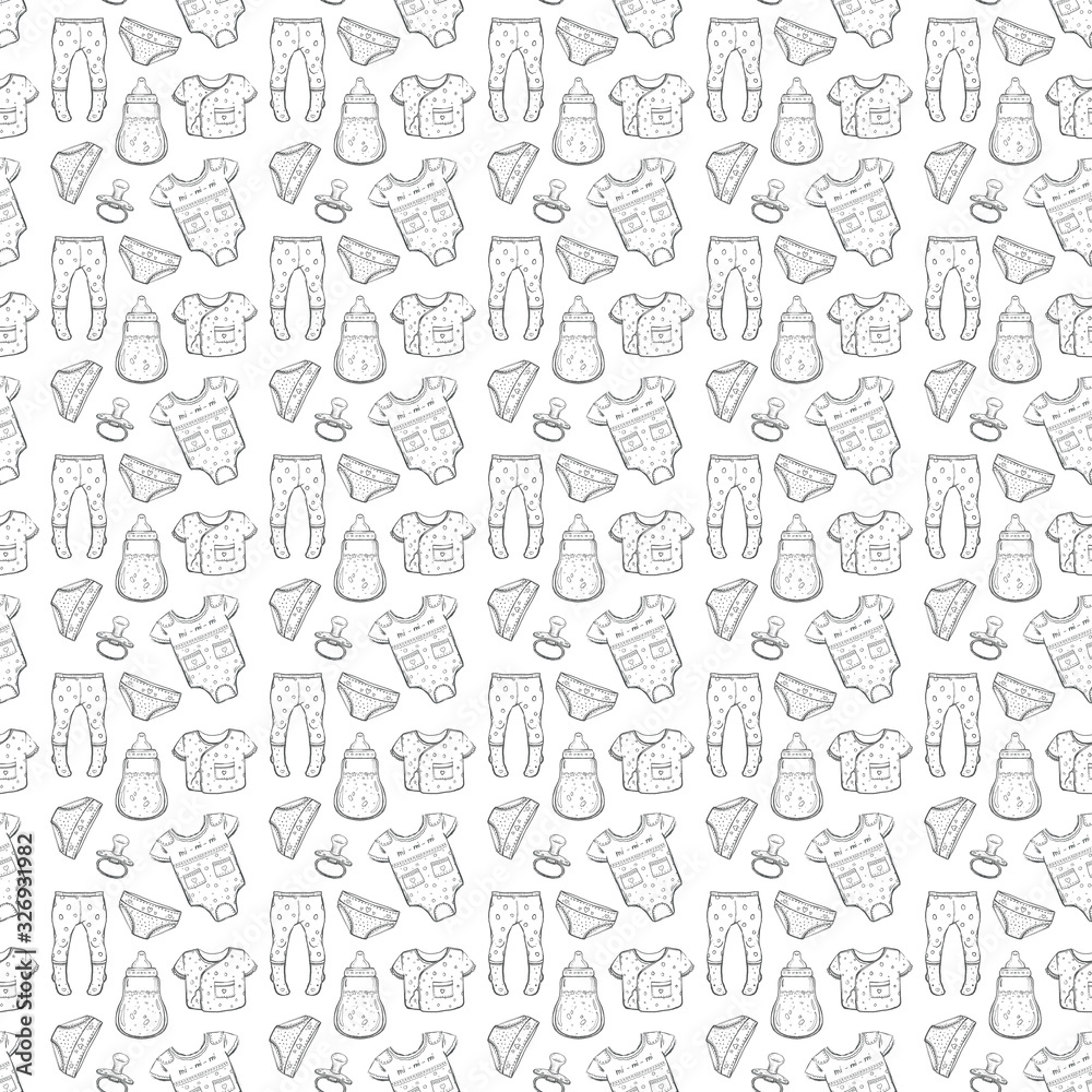Seamless pattern with clothes and different things for newborns. Black and white linear sketch of body, swing, tights, panties, bottles, nipples for packaging design, textiles, postcards, print design