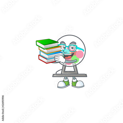A brainy clever cartoon character of lottery machine ball studying with some books