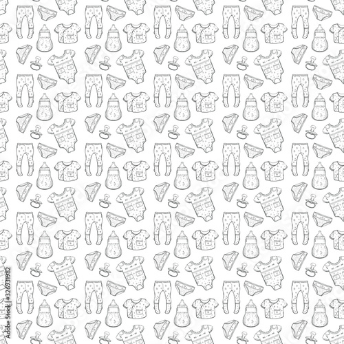 Seamless pattern with clothes and different things for newborns. Black and white linear sketch of body  swing  tights  panties  bottles  nipples for packaging design  textiles  postcards  print design