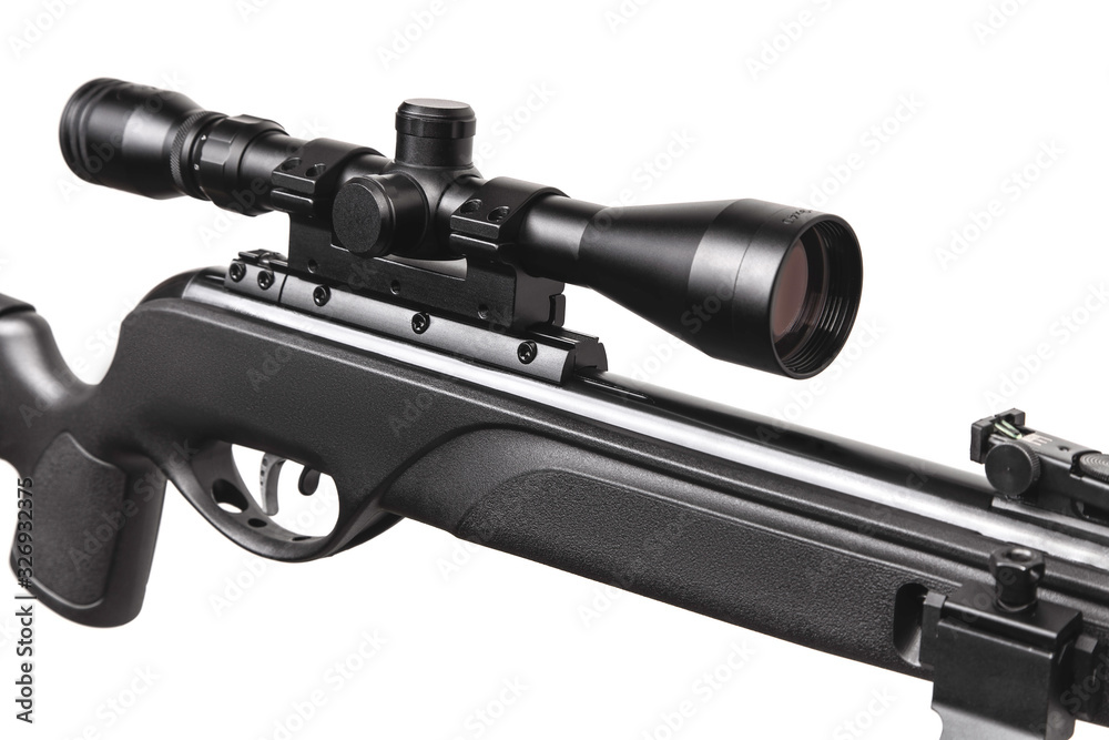 Pneumatic rifle with a telescopic sight. Modern air rifle on a bipod isolate on a white background. Sports weapon for accurate shooting.