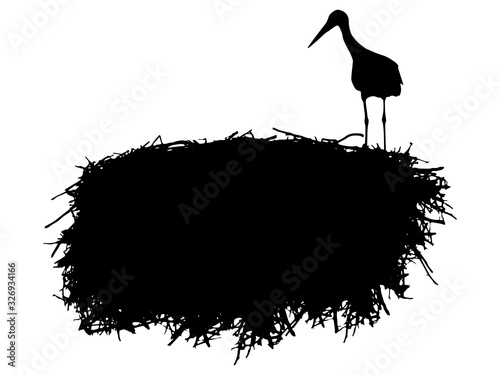 Stork stands on the nest, silhouette. Vector illustration