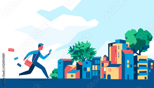 Postino con lettere e borsa corre per le strade della città. Illustrazione vettoriale