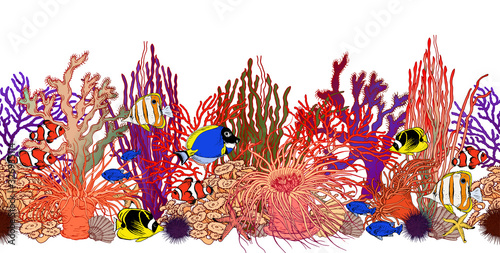 Seamless horizontal border with colorful corals, sea anemones and tropical fishes.