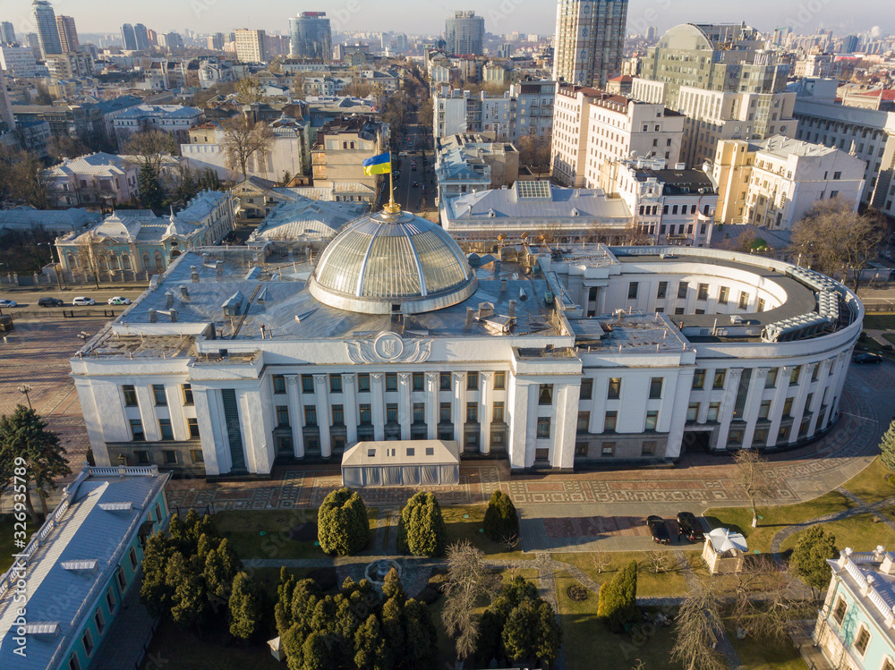 Fototapeta premium Aerial drone view. Building The Verkhovna Rada of Ukraine is a legislative body