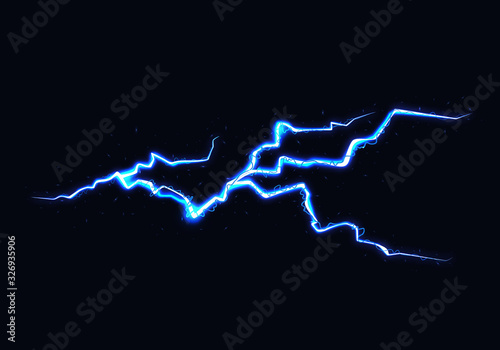Vector Illustration of Abstract Blue Lightning on Black Background. Power Energy Charge Thunder Shock.