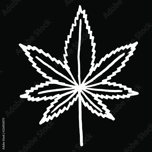  Vector illustration. Close-up of cannabis leaf on black isolated background. Cover design, clothing print.