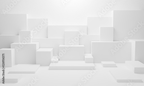 Fototapeta Naklejka Na Ścianę i Meble -  abstract white light on wall background texture with geometric shape. 3d render design for display product on website. Mockup with gray podium scene concept. Empty showcase for advertising and banner.