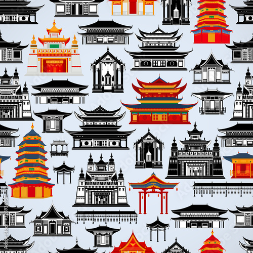 Seamless vector pattern with Chinese traditional buildings and temples on a light blue background